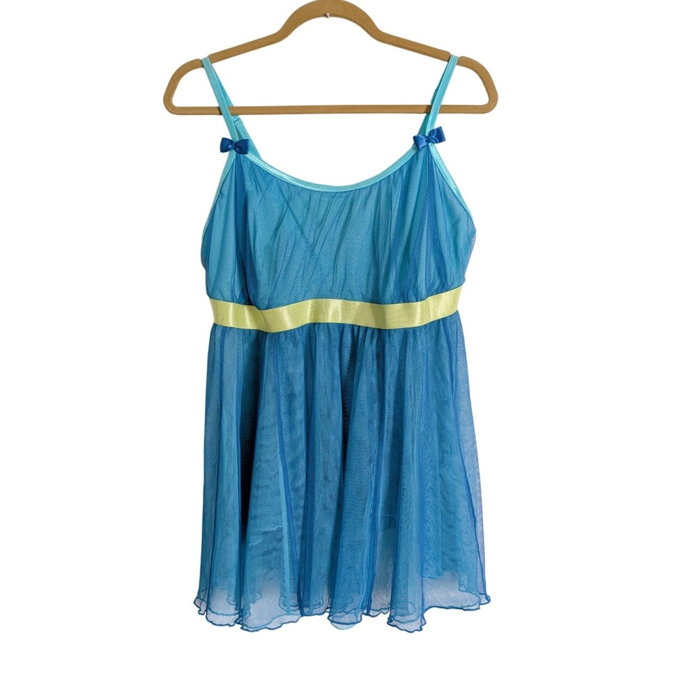Cacique Vintage Y2K Aqua Blue & Lime Green Flowy Mesh Bowtie Babydoll Chemise